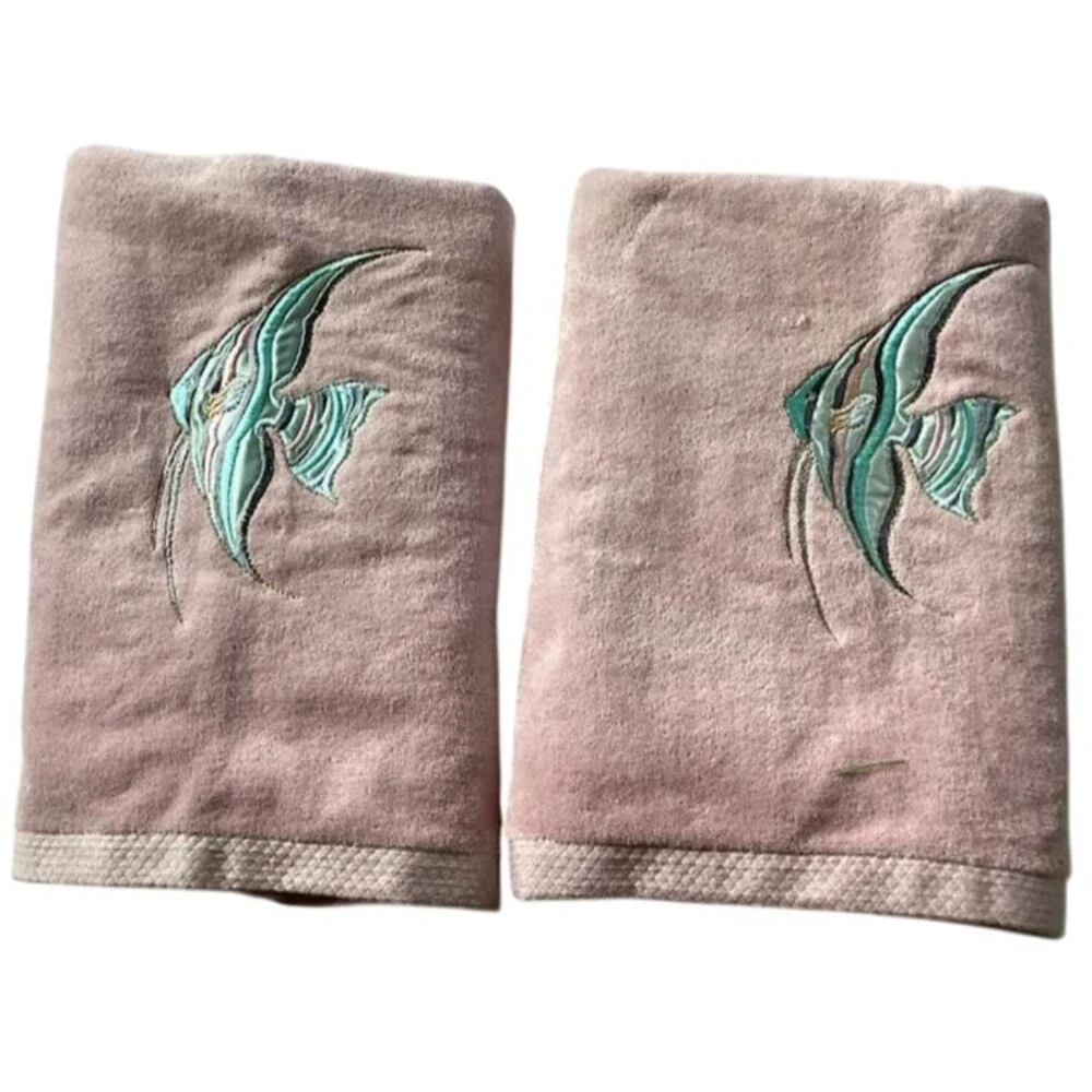 Vtg Towel Set 8 Pink Teal Angelfish Home Innovations Cozumel Bath Hand Fingertip